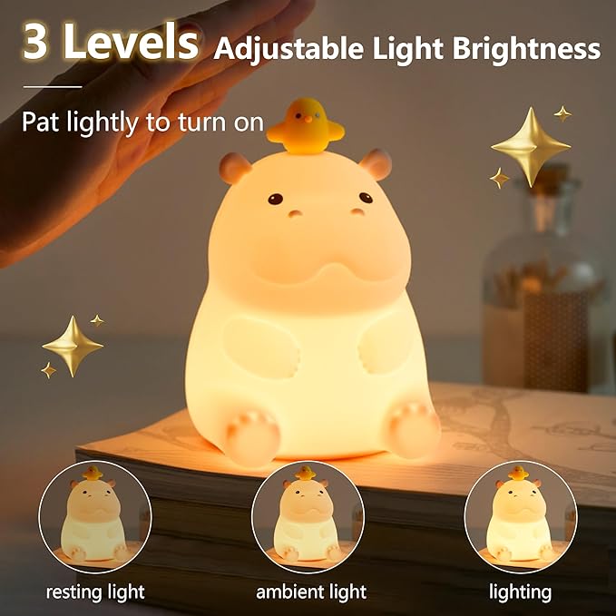 Hippo Night Light, Cute Silicone Squishy LED Lamp, Dimmable Nursery Nightlight, Rechargeable Bedside Table Lamp with Touch Sensor, Gifts for Bedrooms,Living Room,Breastfeeding