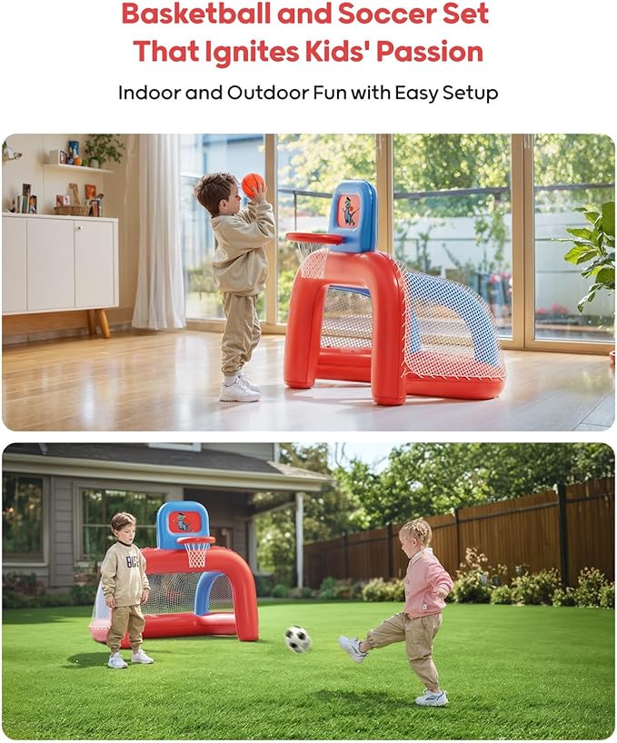 QPAU 2-in-1 Inflatable Toddler Basketball Hoop & Soccer Goal Set, Indoor Outdoor Sports Center Toys for Kids, Baby Toddlers Birthday Gift for 1 2 3 4 5 Year Old Boys Girls