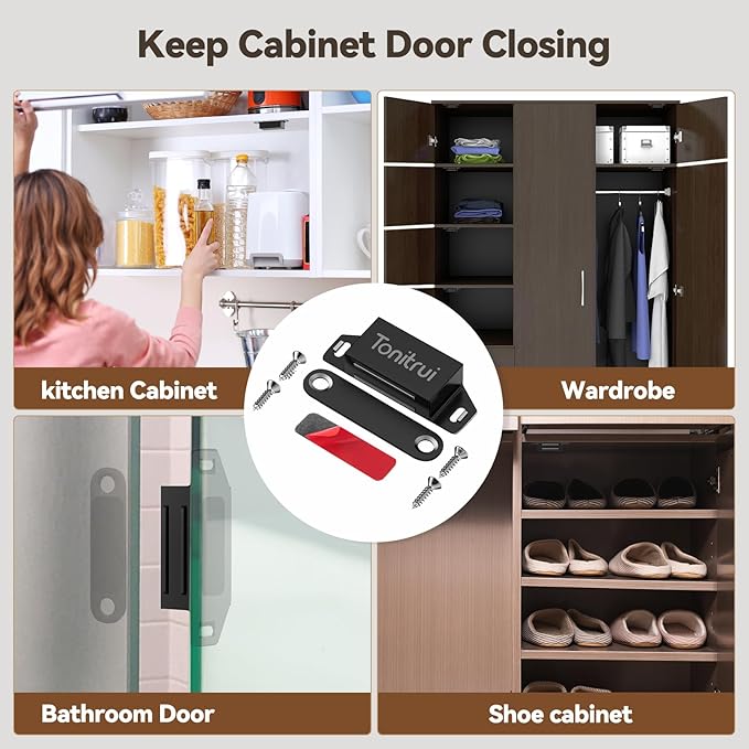 Cabinet Door Magnet, Flat Bottom Cabinet Magnetic Catch with Adhesive, Easy to Install,Only Takes 1 Minute,35lb Magnetic Cabinet Door Drawer Latch(Black, 20Pack)