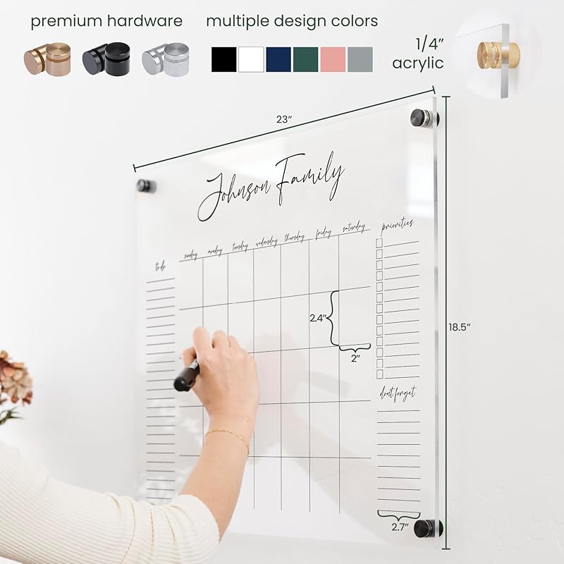 Personalized Clear Acrylic Calendar for Wall, Calendar Whiteboard for Wall, Dry Erase Wall Calendar, Wall Calendar Organizer System for Home (Cursive, Grey, 23"W x18.5"H)