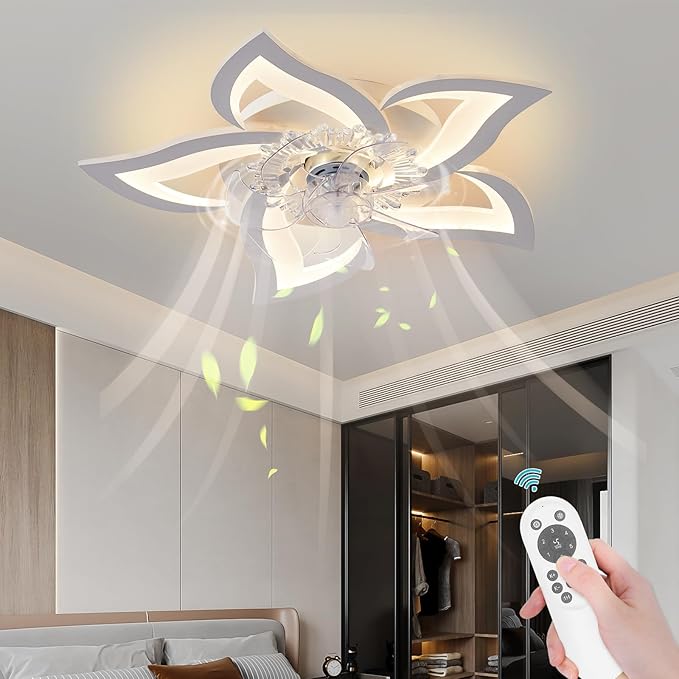 Low Profile Ceiling Fan with Lights,110v Modern Dimmable Flower Shape, Remote Control/app Control,Timing 6 Gear Speeds Fan Ceiling Lamp.