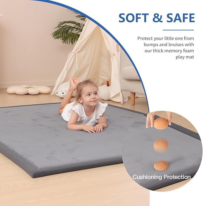 Baby Play Mat for Floor,1.3" Thick Memory foam Tummy Time Mat for Toddlers,Infants,kids,Water-Repellent Soft Nursery Rug ,Extra Large Non Slip for Crawling&Yoga,Tatami Style for Living Room(Dark Grey)