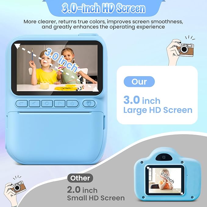 Kids Camera Instant Print, 3.0" HD 32MP Birthday Gifts for 3-12 Year Old Girls Boys, 1080P Digital Camera for Toddler Children, Portable Toy with 32GB SD Card-Blue