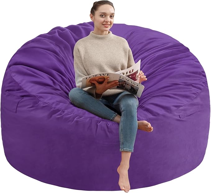 5FT Bean Bag Chair, Large Bean Bag Chairs with Memory Foam Filled, Fluffy Beanbag Sofa with Dutch Velvet Cover, Round BeanBag Chairs for Living Room, Playroom - Purple