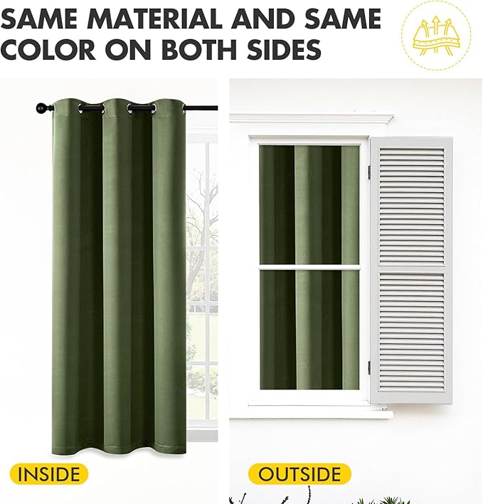 MIULEE Olive Green Blackout Curtains for Bedroom Living Room 63 Inches Long 2 Panels, Thermal Insulated Room Darkening Drapes Solid Grommet Top Noise Reducing Dark Green Window Treatments 40x63 Inch