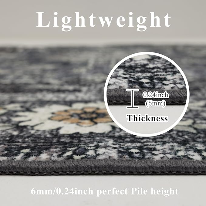 Washable Area Rugs 8x10, Large Rugs for Living Room, Carpet for Bedroom, Soft Faux Wool Retro Dining Room Rug, Non-Slip Backing Resistant Low Pile Vintage Print Rug for Home Office (Tan/Gray)