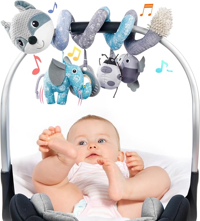 Jollybaby Baby Car Seat Stroller Toys, Plush Activity Hanging Spiral Activity Pram Crib with Music Box, Rattles, Squeaker for Babies Infant Boys Girls(Grey Fox)