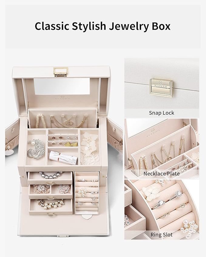 Vlando Jewelry Box Organizer for Girls Women, Large Vintage Jewelry Storage Box with Mirror, Drawers for Bracelets, Earrings, Rings, Necklaces, Mothers Day Gifts for Loved One, White, Regular