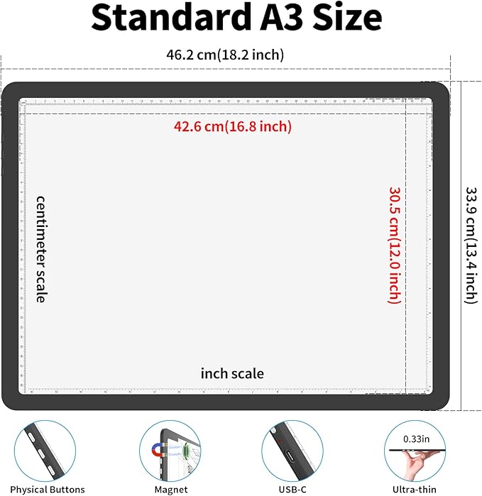 Phylosal Rechargeable A3 LED Light Pad for Diamond Painting, Ultra-Thin Magnetic Tracing Light Box for Drawing, Diamond Art Light Board with Side Button, Super Bright Light Table for Sketching (Black)