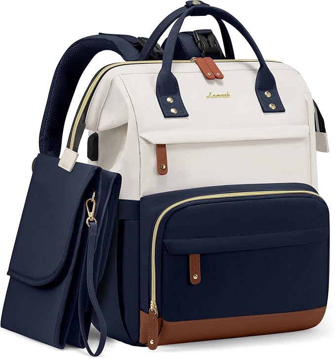 LOVEVOOK Diaper Bag Backpack, Baby Bag with Changing Station, Large Diaper Backpack for Mom Dads, Waterproof Leather Mommy Bag for Boy and Girl, Travel Essential Baby Shower, Navy Blue-Beige