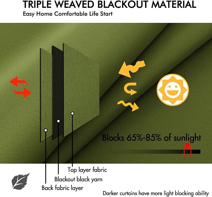 ANRODUO Back Tab Blackout Curtains for Bedroom Living Room, Rod Pocket Pinch Pleated Thermal Insulated Room Darkening Curtains 90 Inches Long 2 Panels, Olive Green, 42 x 90 Inch