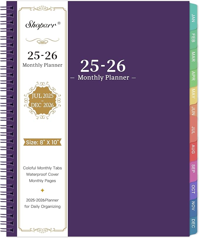 2026 Monthly Planner - JUL 2025 - DEC 2026 Planner, Planner with Colorful Tabs, 2025-2026 Calendar Planner for Daily Organizing - Waterproof Cover (8" x10", Monthly Pages & Notes, Purple)