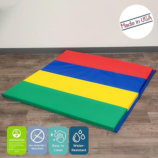 Children's Factory Rainbow Folding Gym Activity Mat, 4 ft x 4 ft, Cushioned Floor Mat for Kids, Daycare Mat