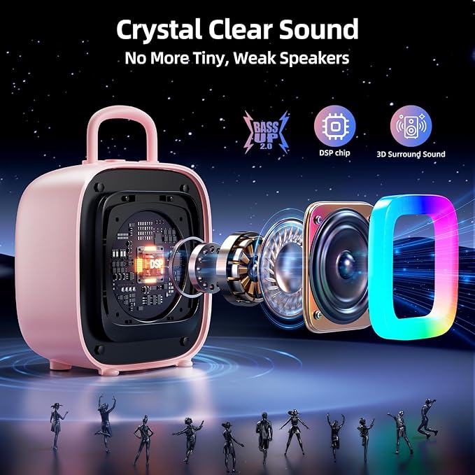 Kinglucky Karaoke Machine for Kids Girls Ages 3-12 with 2 Light-Up Microphones, Bigger Size Yet Portable Bluetooth Speaker with Voice Effects for Birthday, Family Fun & Party (Pink)
