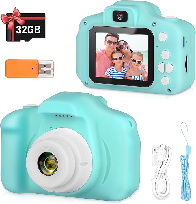 Kids Camera, HD Digital Video Camera, Childrens Toys for 3 4 5 6 7 8 9 Year Old Boys/Girls, Selfie Camera for Kids, Christmas Birthday Gifts with 32GB SD Card (Green)