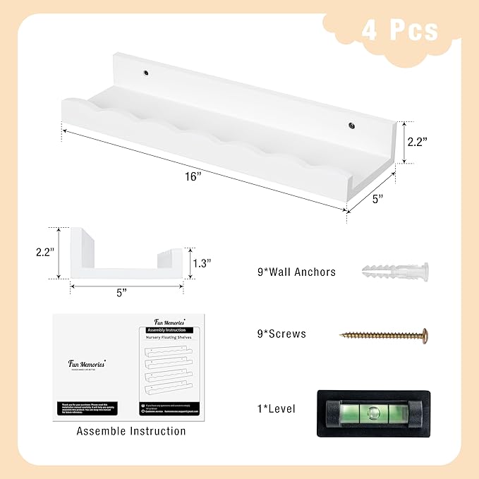 Fun Memories Picture Ledge Shelf for Wall, 16 inch Pine Wood Nursery Book Shelves Set of 4- Wall Book Shelves for Kids Room, Home Decor - Kitchen Spice-White