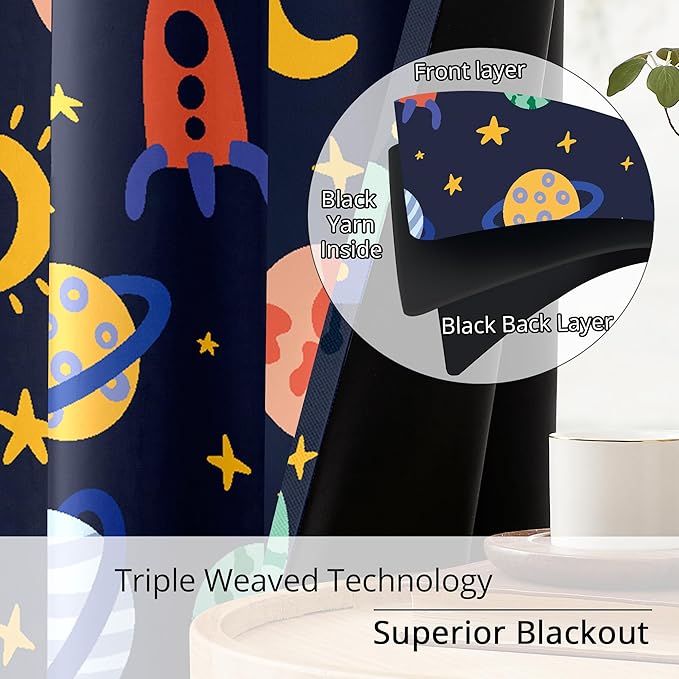 Kids Space Rockets Blackout Curtains - 100% Blackout, Thermal Insulated, Noise Reducing, Perfect for Kids Room and Nursery, 2 Panels (Color Pop Rockets, W52×L84)