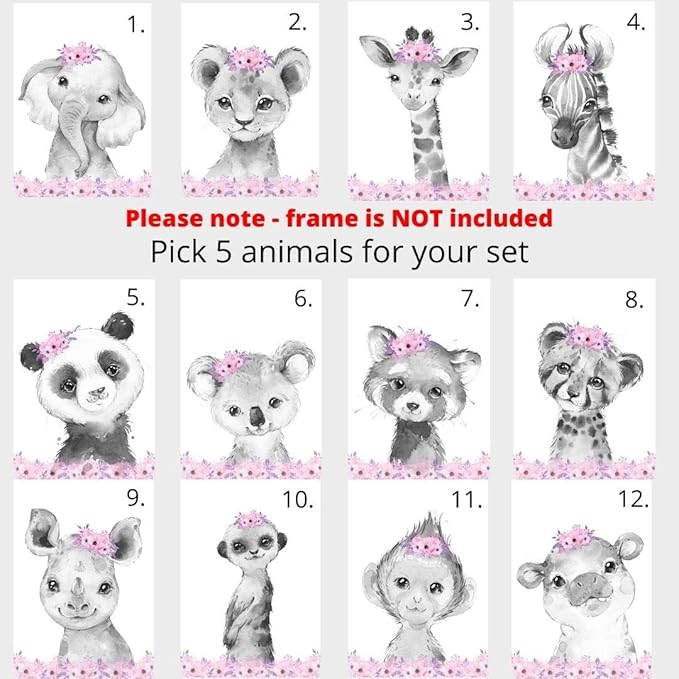 Personalized Safari Animals for Baby Girls Nursery Bedroom Unframed Set of 6 Poster Prints, Personalized Name Pink Purple Flowers Wall Art Decor New Baby Gift Present, Elephant Giraffe Panda Zebra Lion (9x12)