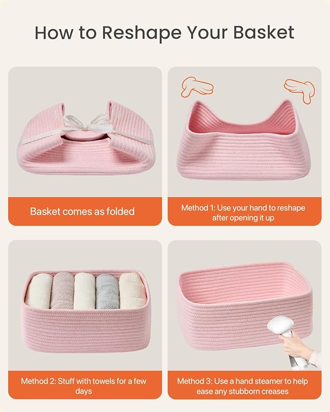 KALLAX Small Woven Basket, 13.5 x 9.5 x 5 Inches, Storage Basket for Organizing, Cute Small Rope Shelf Closet Cube Storage Bins Baskets for Shelves, Dog Toy Gift Baskets Empty, 3 Pack Light Pink