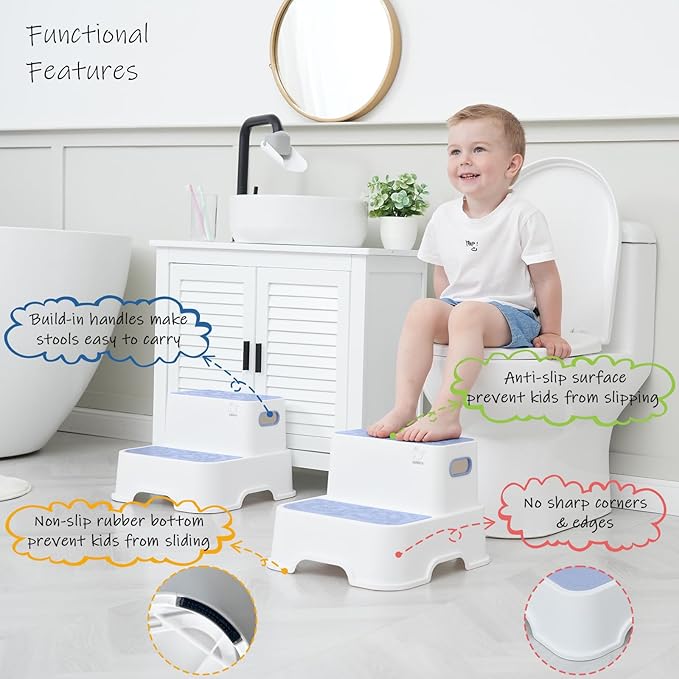 Blue Toddler Step Stool for Bathroom Sink, 2 Step Stool for Kids Kitchen Sink, Heavy Duty Stepping Stool for Toddlers Toilet Potty Training (2 Pack, White-Blue)