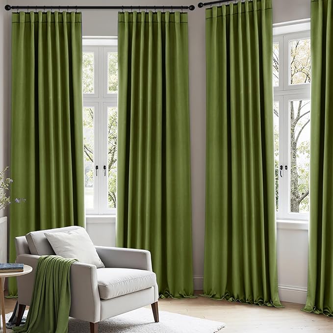 ANRODUO Back Tab Blackout Curtains for Bedroom Living Room, Rod Pocket Pinch Pleated Thermal Insulated Room Darkening Curtains 72 Inches Long 2 Panels, Olive Green, 42 x 72 Inch