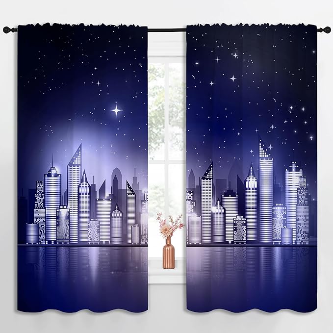 City Rod Pocket Blackout Curtains for Boy Girl Bedroom, New York Skyline Modern City Starry Sky Night View Home Energy Efficient Light Filtering Window Curtain for Living Room, 63x63 inch