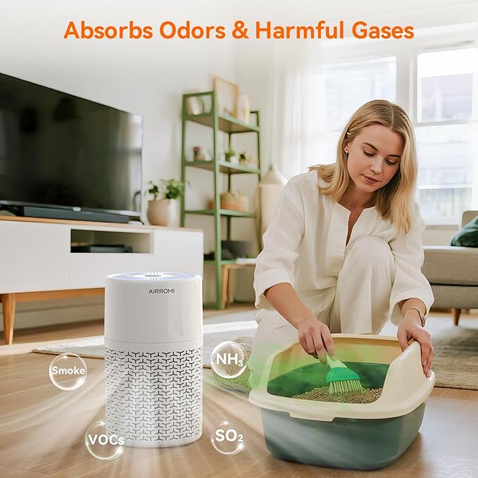 AIRROMI Pets Air Purifier for Home Allergies,Up to 660 ft².Yellow Deodorizing Activated Carbon Filter,With Fragrance Sponge for Better Sleep,Night Light,Pet Dander,Smoke,Odors,Air Cleaner A2002 White