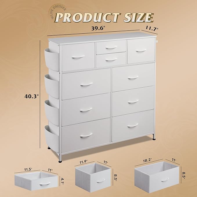 WLIVE White Dresser for Bedroom with 10 Drawers, Chest of Drawers with Side Pockets and Hooks, PU Storage Dresser, Sturdy Metal Frame, Drawers Organizer Unit for Living Room, Hallway, Closet