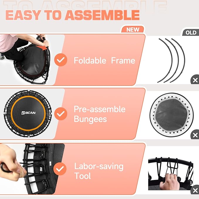 BCAN 40"/48" Mini Rebounder Trampoline for Adults with Bar, 450/550LBS Fitness Trampoline with Bungees, Adjustable Handle, Stable & Quiet, Indoor Outdoor, Whole-Body Workout & Relaxation at Home