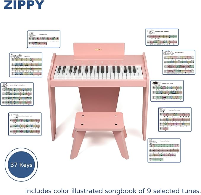 ZIPPY Kids Piano Keyboard, 37 Keys Digital Piano for Kids, Touch Sensitive Control Panel, Built-in Songs, Volume Adjustable, Music Educational Instrument, Wood Piano for 3+ Girls and Boys (Pink Plus)