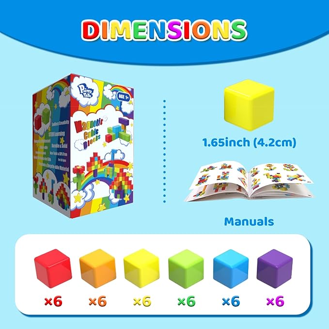 Magnetic Building Blocks, 1.65 inch Large Magnetic Stacking Cubes for Toddlers, Sensory & Montessori Toys for Boys & Girls 1 2 3 Years Old (36 PCS)