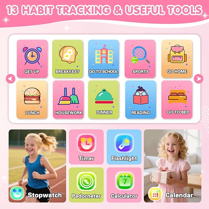 Smart Watch for Kids with 39 Games Touchscreen Camera Video, Music Player, Pedometer, Calculator, Calendar, Stopwatch, Flashlight, Alarm Clock 12/24 hr, Birthday Gifts Toys for Girls Ages 3-12