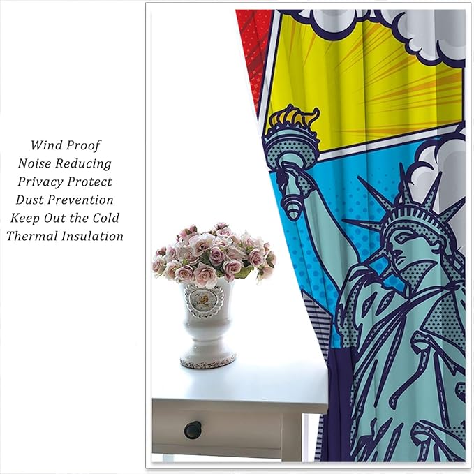 City Rod Pocket Blackout Curtains for Boy Girl Bedroom, Pop Art Style New York Cityscape Home Energy Efficient Light Filtering Window Curtain for Living Room, 42x63 inch