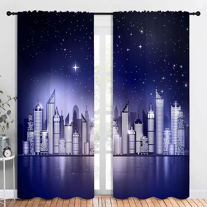 City Rod Pocket Blackout Curtains for Boy Girl Bedroom, New York Skyline Modern City Starry Sky Night View Thermal Insulated Home Window Drapes for Living Room Darkening, 84x72 inch