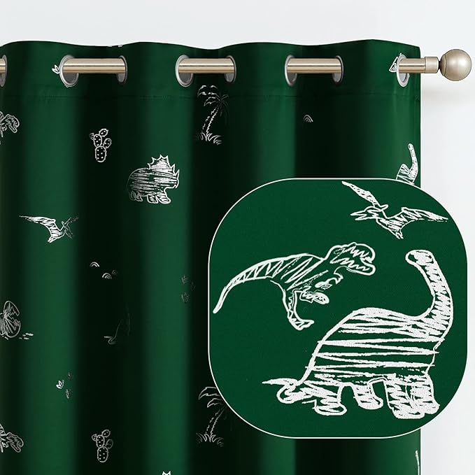Vangao Kids Curtains Green Blackout Dinosaur Curtains for Boys Kids Nursery Girls Room Silver Dino Foil Print Thermal Insulated Drapes Grommet Top Window Treatments 63 Inches Length 2 Panels