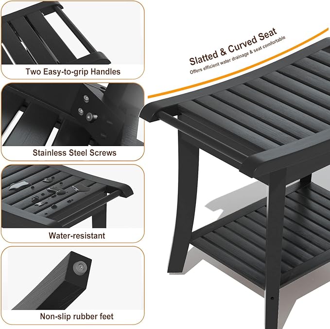 Zhuoyue Bamboo Shower Stool Bench Waterproof with Storage Shelf for Shaving Legs or Spa Bath Seat in Bathroom & Inside Shower for Adults Seniors Elderly (24 x 13.4 x 18.5 inches+Black)