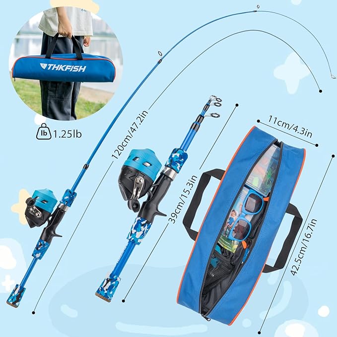 Kids Fishing Pole Set, Telescopic Fishing Rod Reel Combo Kids Starter Kit with Lures Tackle Box, Foldable Stool and Portable Bag for Boys Girls Younth