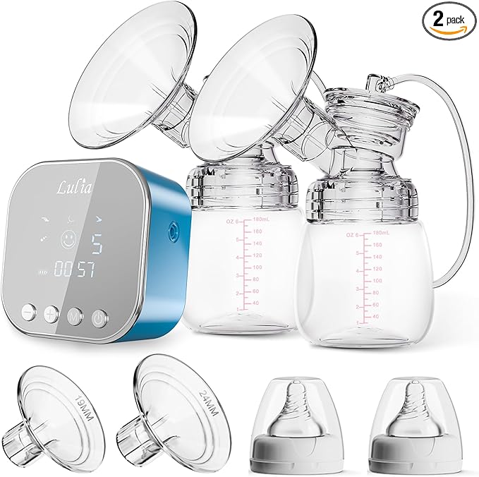 Double Electric Breast Pump Strong Suction, Portable Breast Pump Electric Breastfeeding Pump, Rechargeable Milk Pump with 4 Modes & 9 Levels, Low Noise, Anti-Backflow & LED Display, 24mm Flange, Blue