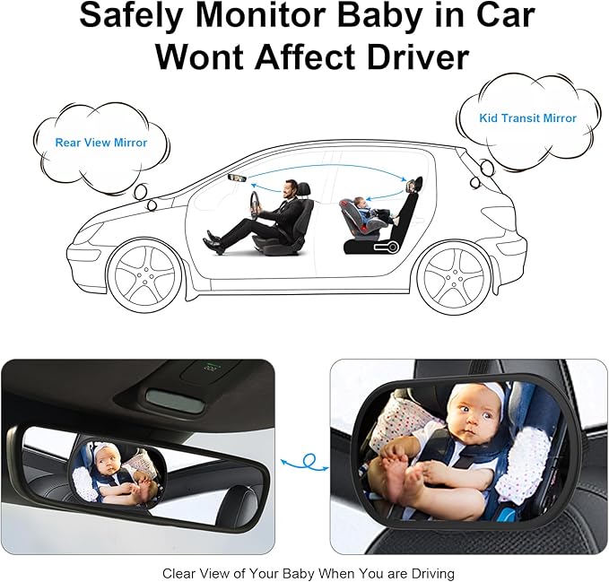 Baby Car Mirror, Safety Car Seat Mirror for Rear Facing Infant, Clear Wide View, 360°Rotation, Easily Observe the Baby Move, Secure, Shatterproof, Crash Tested and Certified (Black)