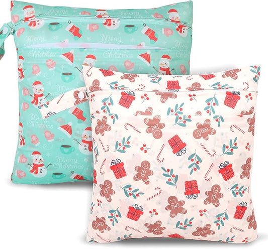 2pcs Cloth Diaper Wet Dry Bags, Waterproof Reusable Wet Bag with 2 Zipper Pockets & Handle, Washable Laundry Bags for Baby Adult Clothes Travel Beach Pool Daycare Yoga Gym Exercise Swimsuits,