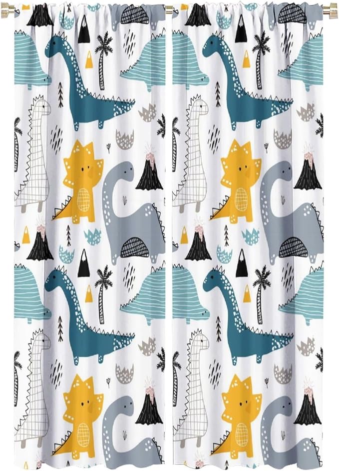 Kids Dinosaur Curtains for Boys Girls Bedroom Decor Cartoon Dino Colorful Cute Funny Wildlife Animal Printed Blackout Rod Pocket Window Drapes for Baby Nursery Playroom Living Room W21xL63in 2 Panels
