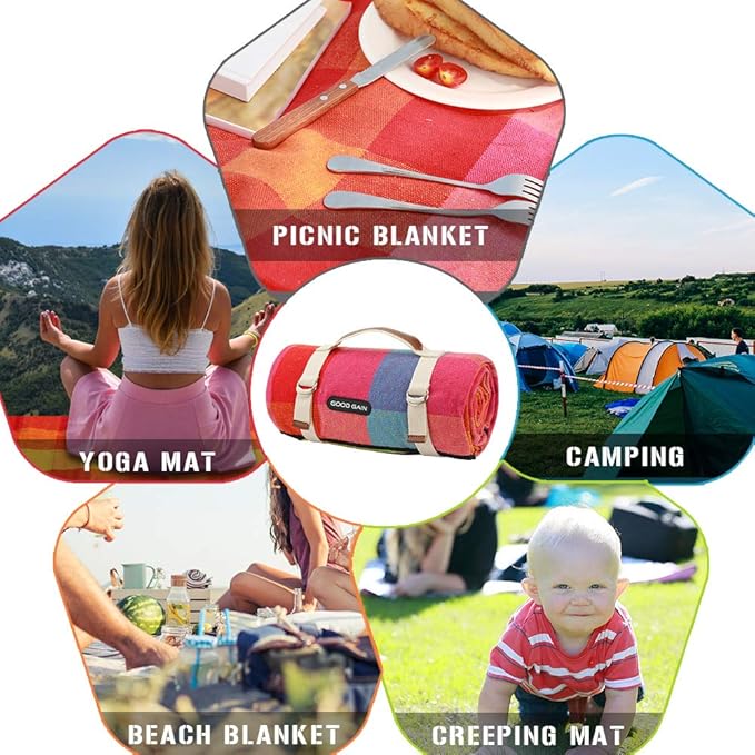 G GOOD GAIN Waterproof Picnic Blanket Portable with Carry Strap for Beach Mat or Family Outdoor Camping Party (red Plaid)