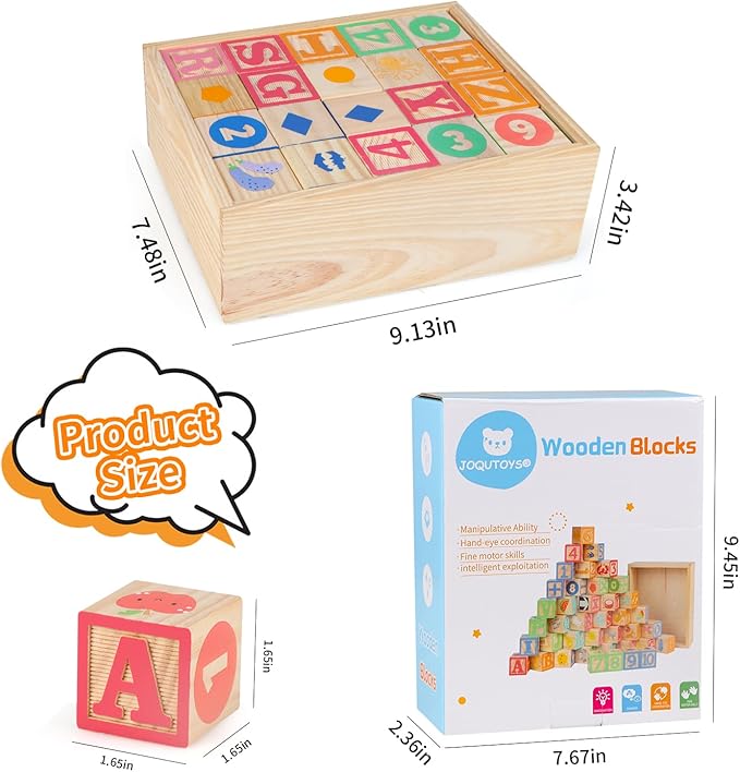 Joqutoys ABC Wooden Building Blocks for Toddlers 3 Large, 40 PCS Alphabet & Number Stacking Blocks with Storage Tray, Montessori Educational Learning Toys for Boys Girls Kids Gifts 1.65"