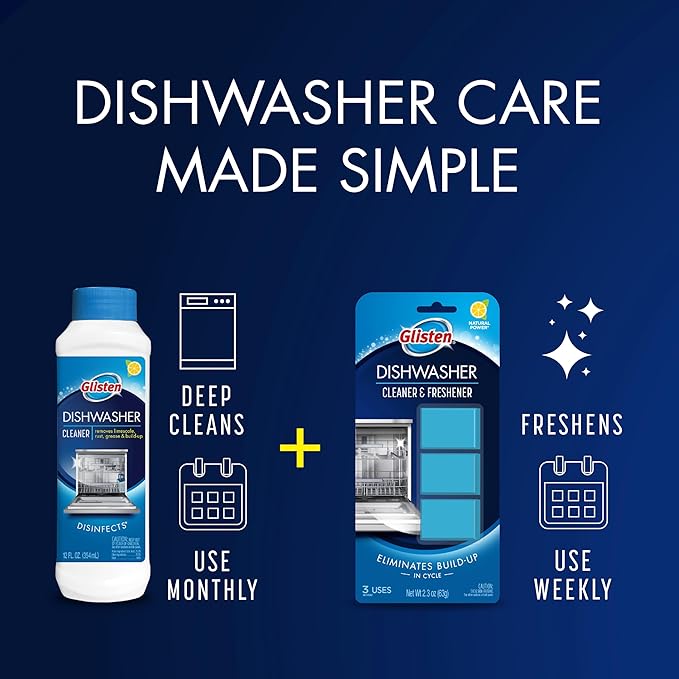 Glisten Dishwasher Cleaner, Removes Limescale, Rust, Buildup, and Grease, Lemon Scent, Made in the USA, 12 Ounce Bottle, 3-Pack