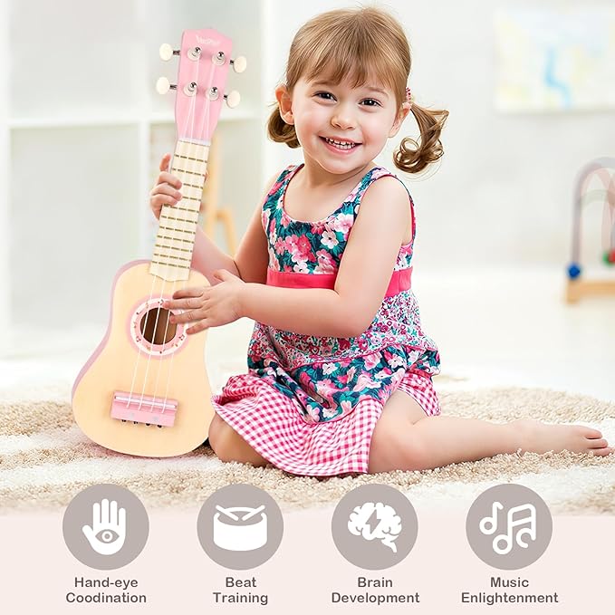 Kids Guitar Set for Girls - Toys for 2 3 4 Year Old Girl Birthday Gifts - 7 in 1 Wooden Montessori Musical Instruments with Ukulele/Tambourine/Maracas/Flute for Toddler 2-5(Pink)