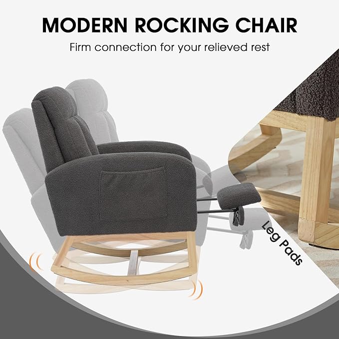 NIOIIKIT Modern Nursery Rocking Chair, Teddy Upholstered Rocking Chair with Footrest, Comfortable Rocker Recliner with Side Pocket, Glider Rocker for Living Room, Bedroom, Nursing Room (Dark Grey)