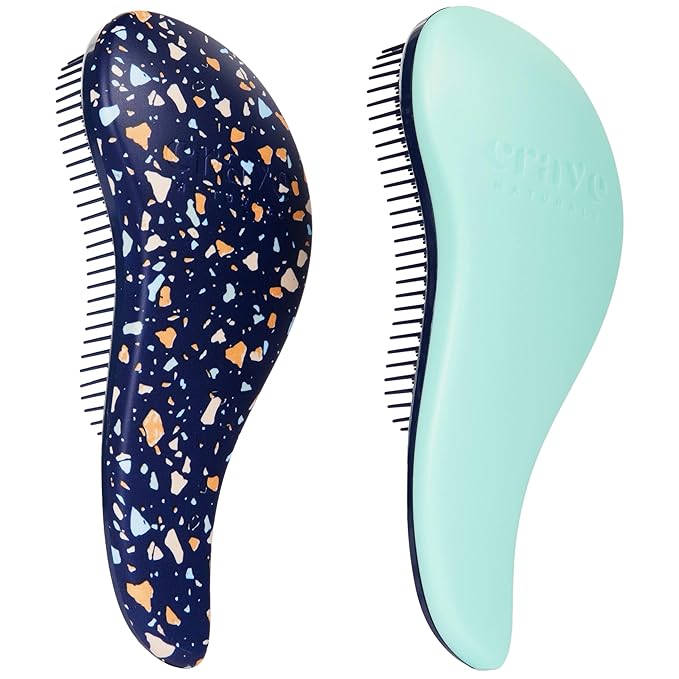Crave Naturals Glide Thru Detangling Hair Brushes for Women - Detangler Brush for Curly or Straight, Wet or Dry Hair - Gentle on Tangles Comb - 7.5x3-Inch, Turquoise and Terrazzo (Pack of 2)