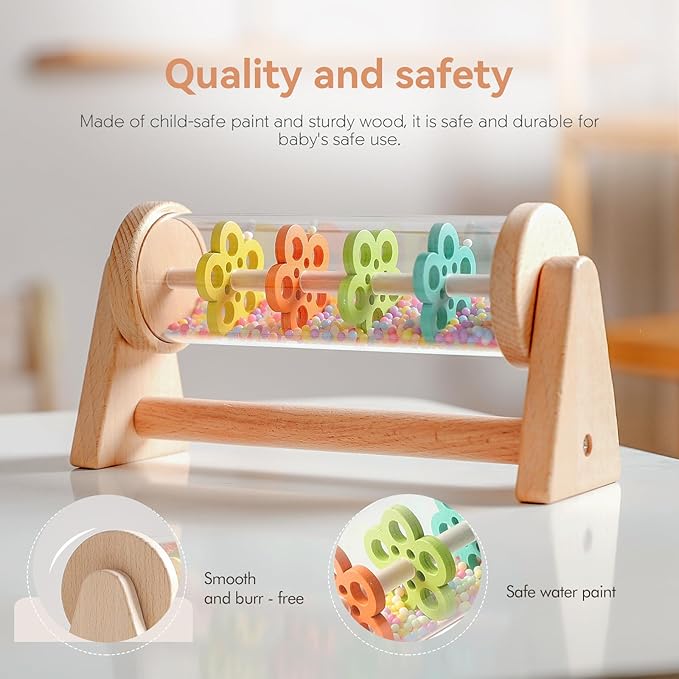WOODEN TEETHER Wooden Soothing Rain Stick with Handle for 12 Months+ Babies Montessori Musical Baby Rattle Toys Calming Rainmaker for Early Sensory Development & Home Play