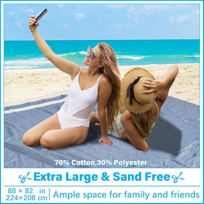 Oversized Turkish Beach Towel Blanket XXL Cotton Sandproof Towels Boho Woven Extra Large Big Sand Free Giant Throw Thick Blankets Huge Quilt XL Picnic Camping Necessities Cloud For Adult Gifts Blue
