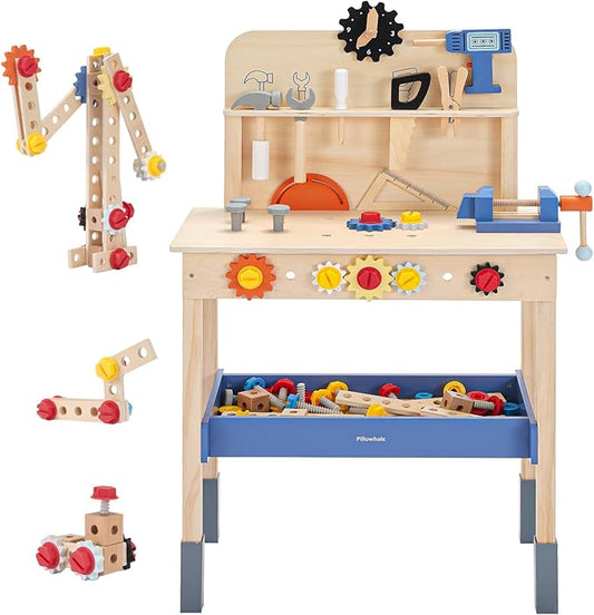 69‑Piece Wooden Kids Tool Bench – Montessori Toddler Workbench with Pretend Power Drill, Clock & Storage Shelf – STEM Construction Play Set for Boys & Girls Ages 3‑5